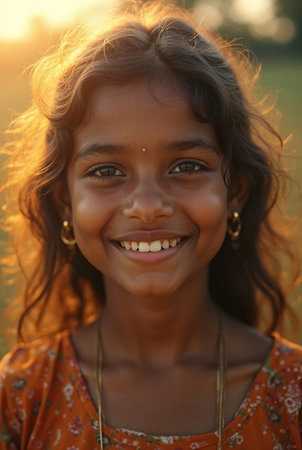 Indian little girl smiling and looking at camera in the sunset light.の素材