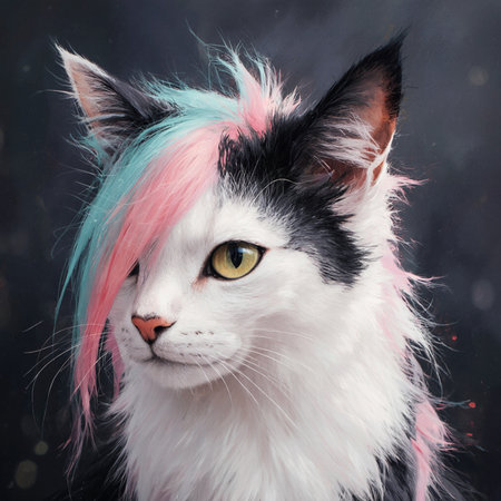 Portrait of a cat with multicolored hair on a black backgroundの素材