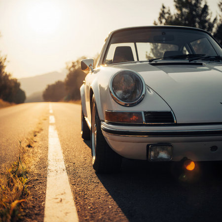 Retro car on the road at sunset. Retro car in the countrysideの素材