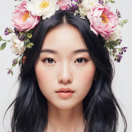 Beautiful young Asian woman with flower wreath on her headの素材