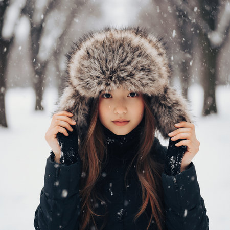 Portrait of a beautiful young girl in a fur hat on a background of a winter parkの素材