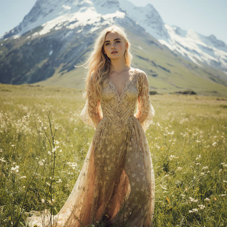Beautiful girl in a long dress on the background of high mountainsの素材