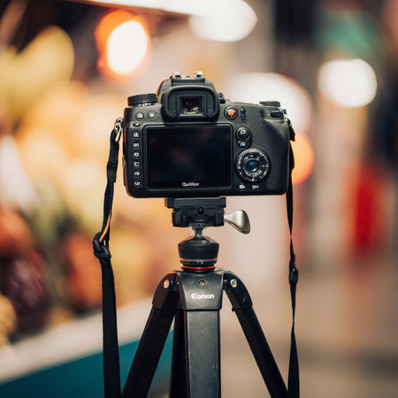 Digital camera on tripod in night market. Shallow depth of fieldの素材