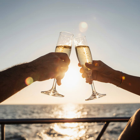 Couple clinking glasses with champagne on the deck of a cruise shipの素材