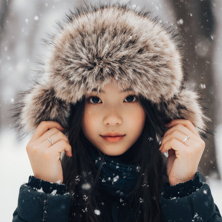 beautiful young Asian woman in winter park with snowflakesの素材