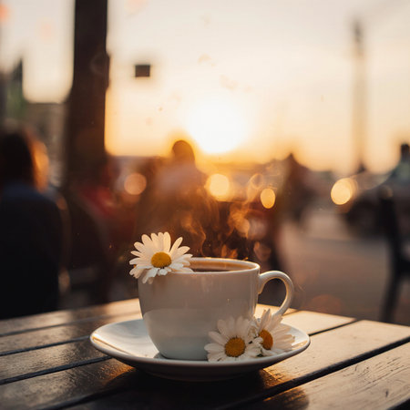 Cup of coffee with camomile on the background of the sunsetの素材