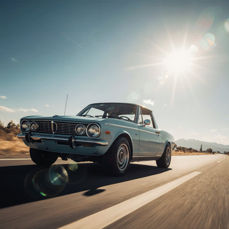 Retro american car on the road with sun rays and lens flareの素材