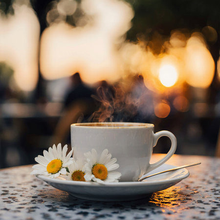 Cup of coffee with chamomile flowers on table in cafeの素材