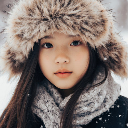 Portrait of a beautiful young girl in a fur hat in the winter forest.の素材