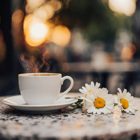 Cup of coffee with chamomile flowers on the tableの素材
