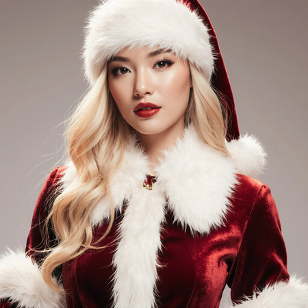 Beautiful young woman in santa claus clothes. Christmas.の素材