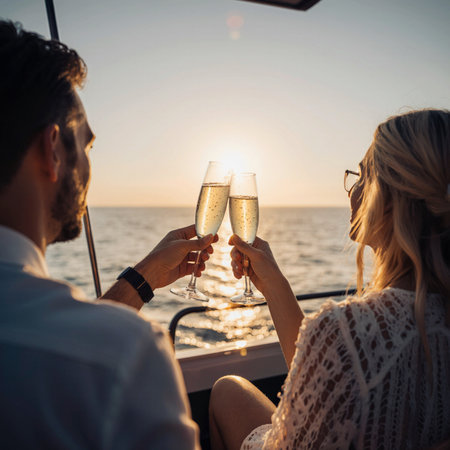 Young couple with glasses of champagne on yacht at sunset, rear viewの素材