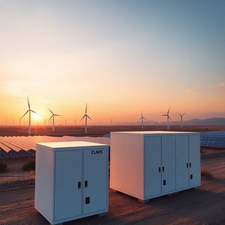 Power plant with solar panels and wind turbines at sunset. 3d renderingの素材