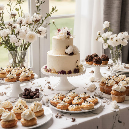 wedding cake with white cream and blackberries on a white tableの素材