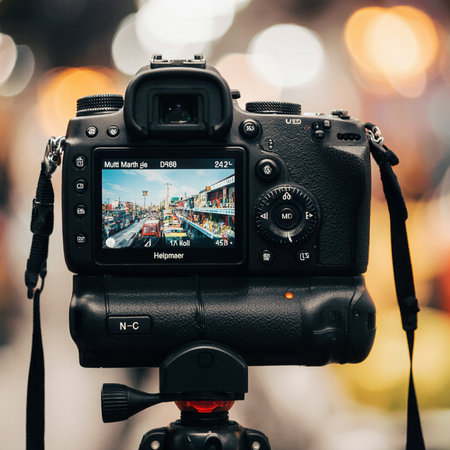 Close up of camera on tripod with city blurred bokeh backgroundの素材