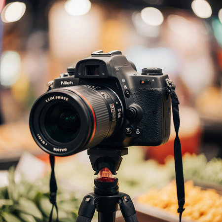 Camera on tripod with blurred background. Focus on camera. Shallow depth of field.の素材