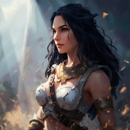 Beautiful young woman warrior in armor on the background of a waterfallの素材