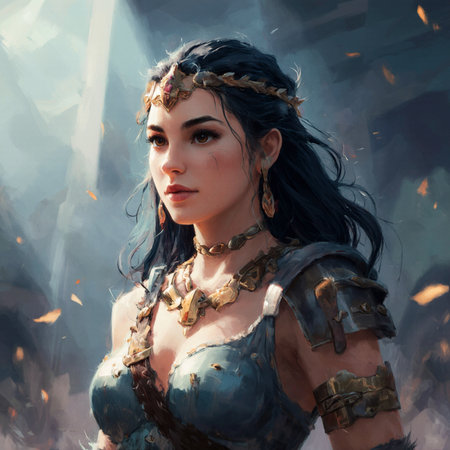 Portrait of a beautiful young woman warrior in armor. Fantasy.の素材