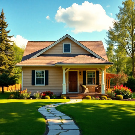 House with walkway in the garden and green grass. Northwest, USAの素材