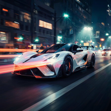 Sport car on the road in the city at night with motion blurの素材