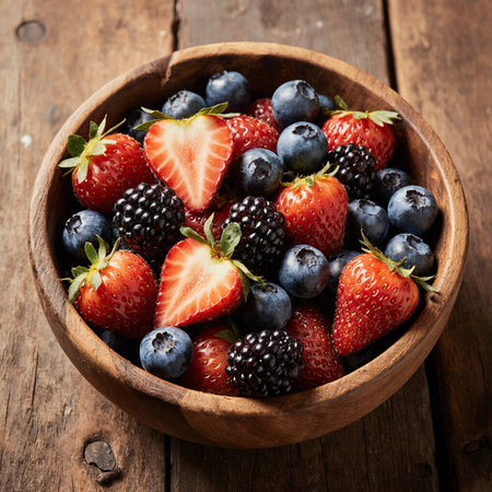 Strawberries and blueberries in wooden bowl on rustic backgroundの素材