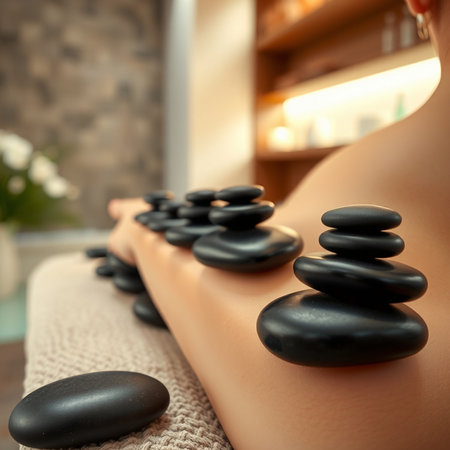 Spa stones on the back of a woman in a spa salonの素材