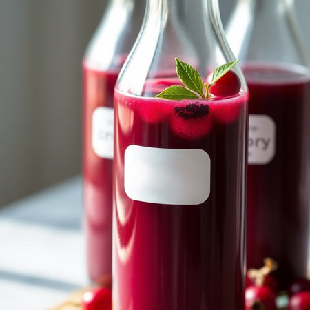 Close up of red current juice in glass bottles with blank labelの素材