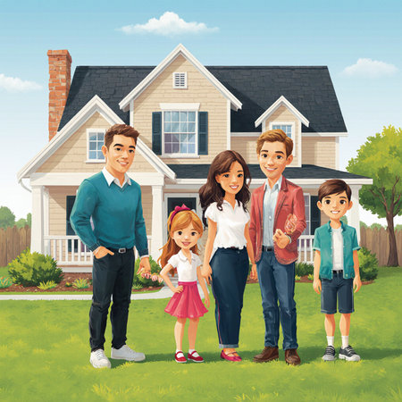 Happy family standing in front of their new house. Real estate concept.の素材