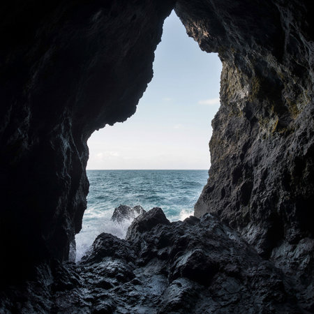 Beautiful seascape view from the cave to the sea. Nature composition.の素材