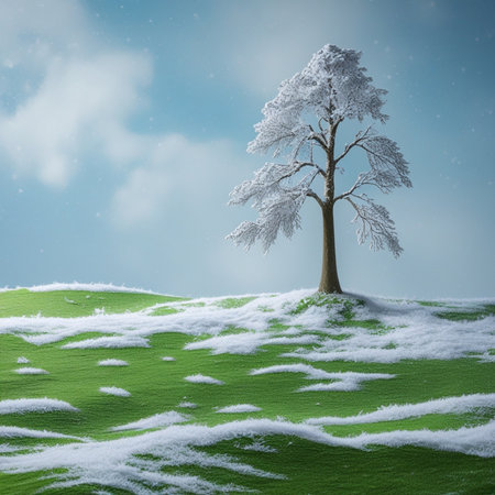 Winter landscape with snow covered tree. 3D illustration. Nature background.の素材