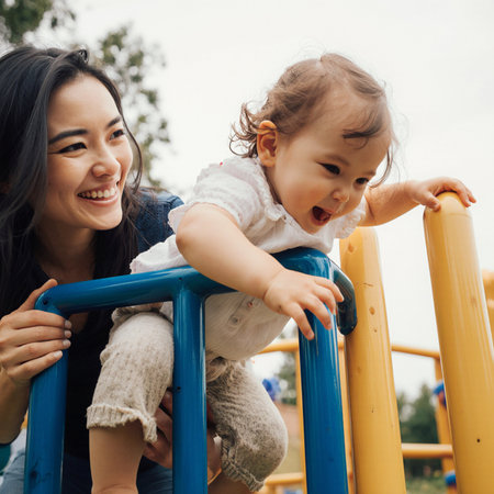 Mother and daughter playing on the playground. Happy family having fun outdoors.の素材