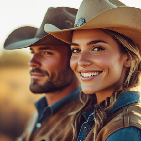 Beautiful young couple in cowboy hats looking away and smiling while standing outdoorsの素材