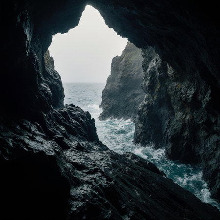 Beautiful view of the sea from a cave in Madeira, Portugalの素材