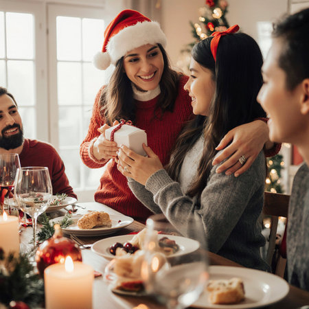 Beautiful young woman in a red sweater is giving a gift to her friends while celebrating Christmas at home.の素材