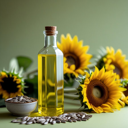 Sunflower oil in glass bottle with sunflower seeds on green backgroundの素材