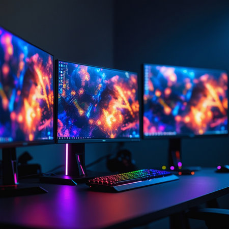 Computer monitors with colorful lights on the screen. 3d rendering.の素材