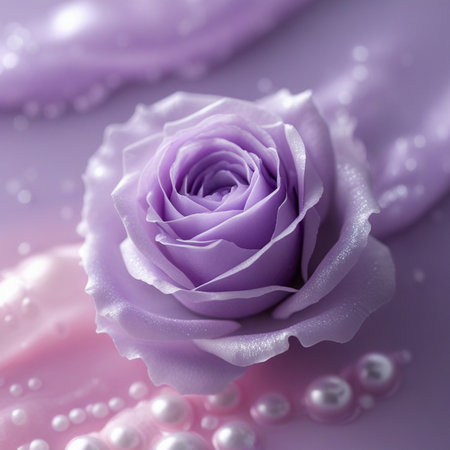 close up of a purple rose on a pink background with pearlsの素材