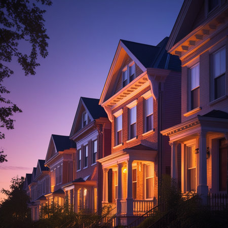 Row of old Victorian houses at sunset in Washington DC, USA.の素材