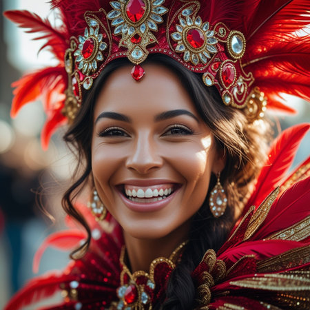 beautiful young woman in carnival costume smiling and looking at cameraの素材