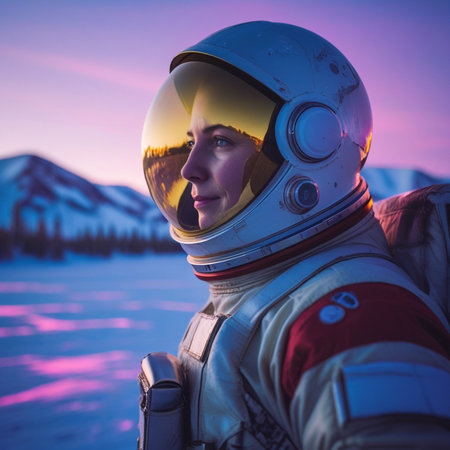 Astronaut in helmet on the background of the mountains at sunsetの素材