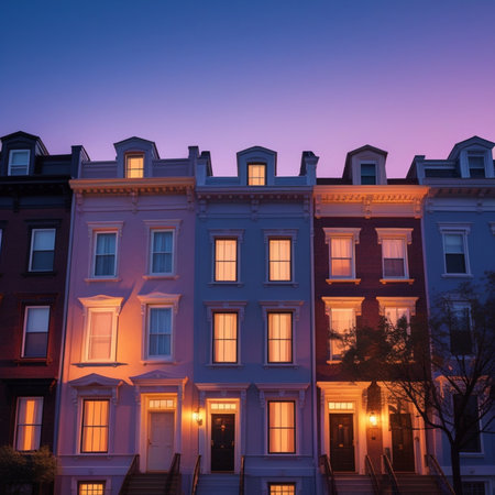 Historic houses in Boston, Massachusetts, USA. Colorful row houses at dusk.の素材