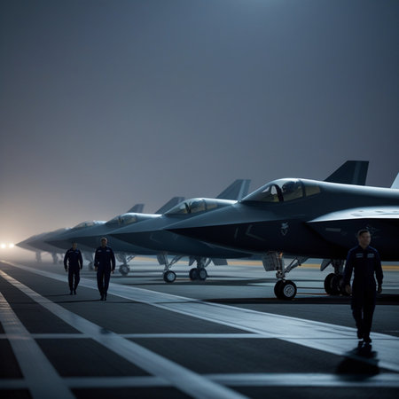 Fighter jet fighter aircraft on the runway in the fog at nightの素材