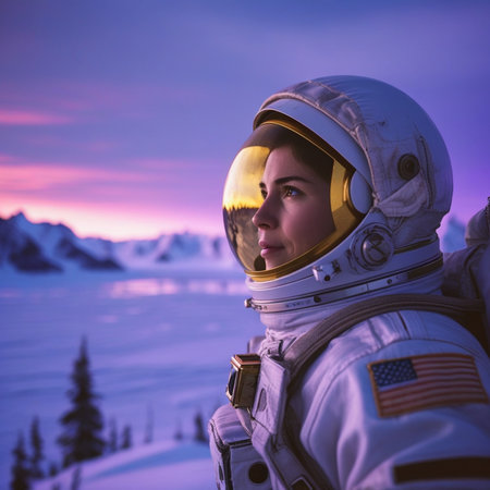 Astronaut woman on the background of the frozen lake at sunsetの素材