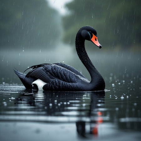 Black swan swimming in a lake under the rain. Shallow DOF.の素材