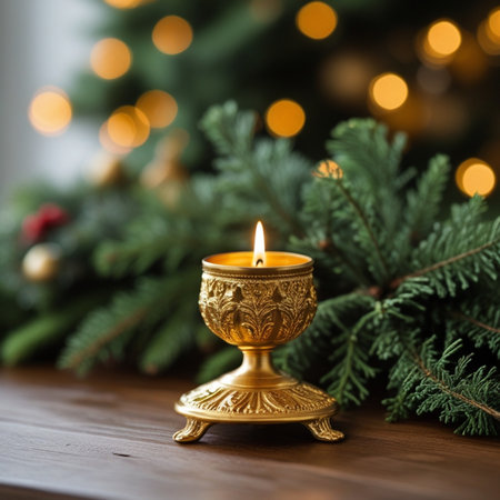 Christmas candle in golden candlestick on wooden table with bokeh backgroundの素材