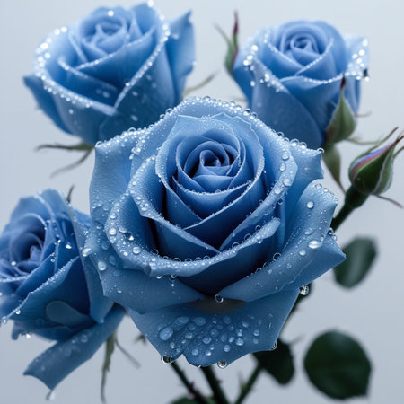 Beautiful blue rose with water drops on white background, closeupの素材