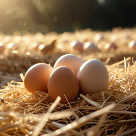 Chicken eggs on straw in the farm. Selective focus. Shallow depth of fieldの素材