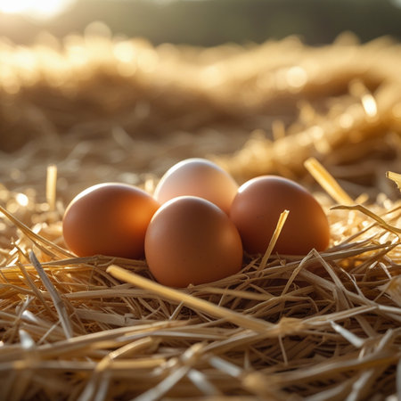 Eggs in straw on a farm. Selective focus.の素材
