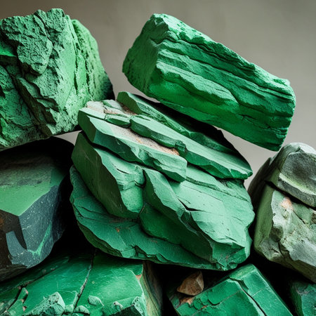 close up of a pile of green stones on a light background.の素材