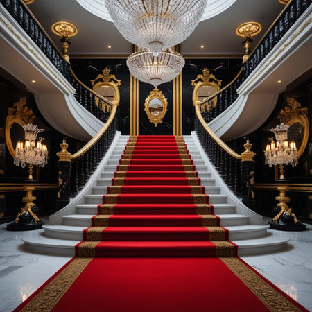 Red carpet on the stairs in the interior of a luxury hotel.の素材